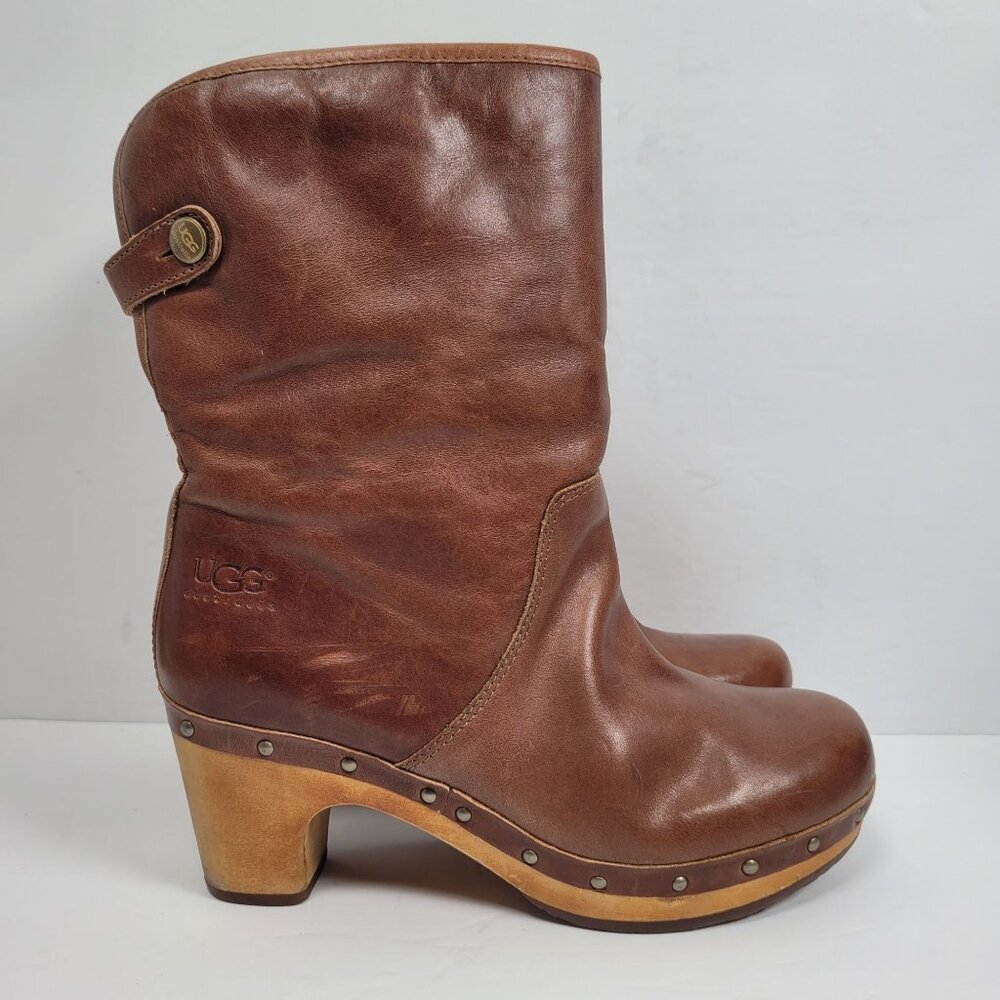 UGG Women's Brown Leather Mid-Calf Clog Boots S/N1958 US Size 6